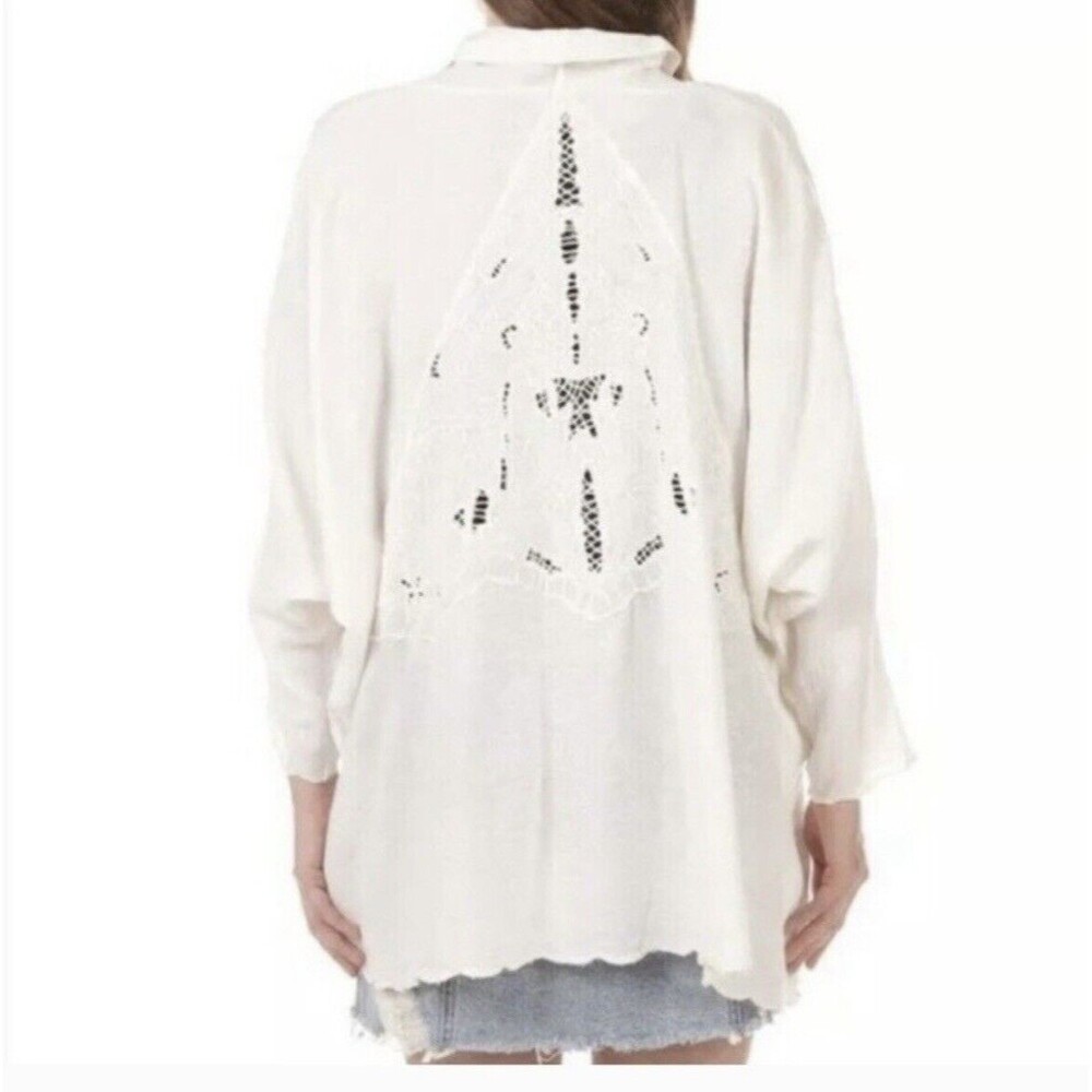 Free People Cool Nights Cutwork Embroidered Kimono Cardi Ivory M